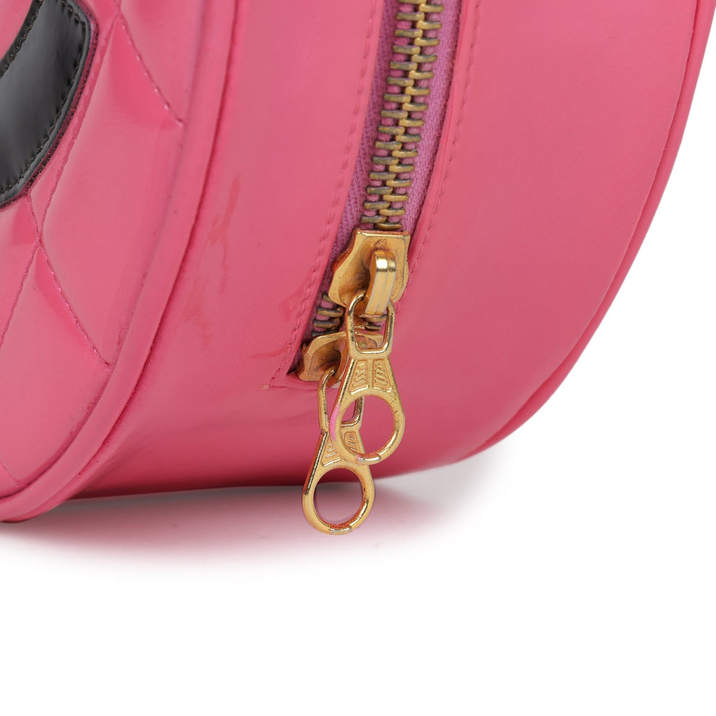 Vintage Round Vanity Bag Pink and Black Patent Leather Antique Gold Hardware