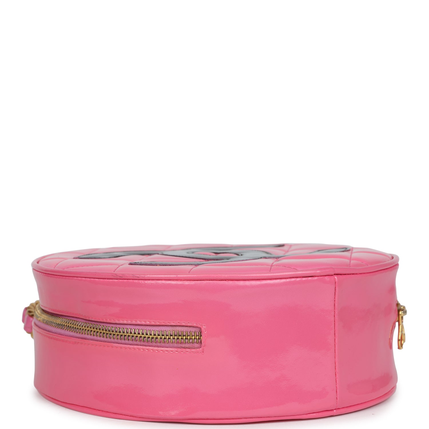 Vintage Round Vanity Bag Pink and Black Patent Leather Antique Gold Hardware