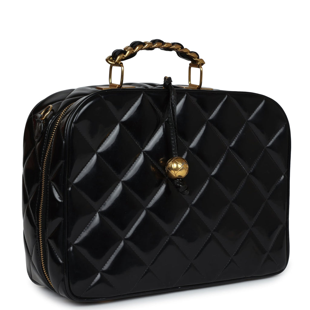 Vintage Lunchbox Vanity Black Patent Leather Gold Hardware
