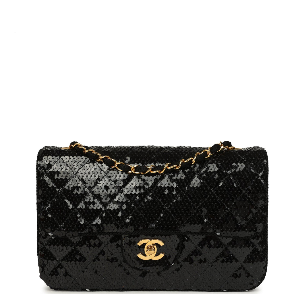 Vintage Small Flap Bag Black Sequin Gold Hardware