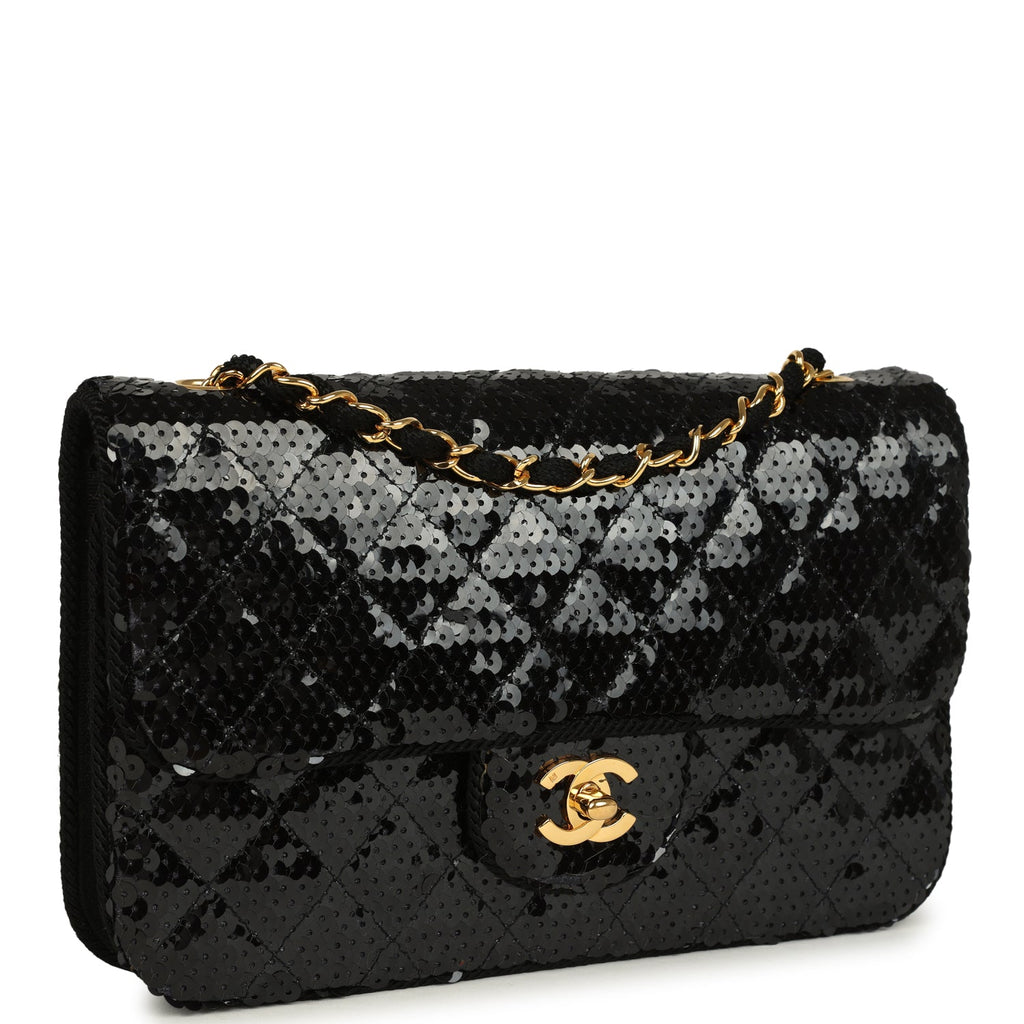 Vintage Small Flap Bag Black Sequin Gold Hardware