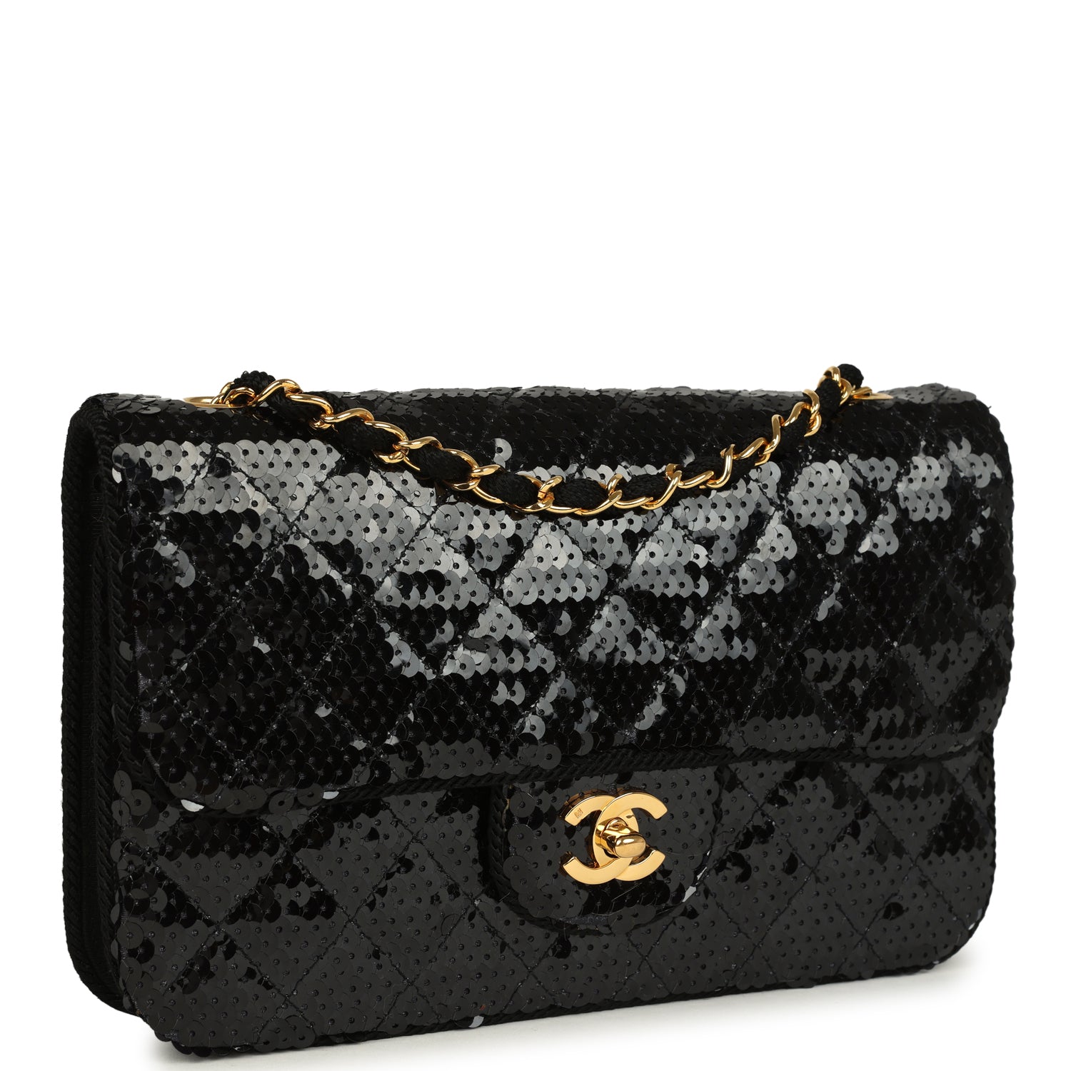 Vintage Small Flap Bag Black Sequin Gold Hardware