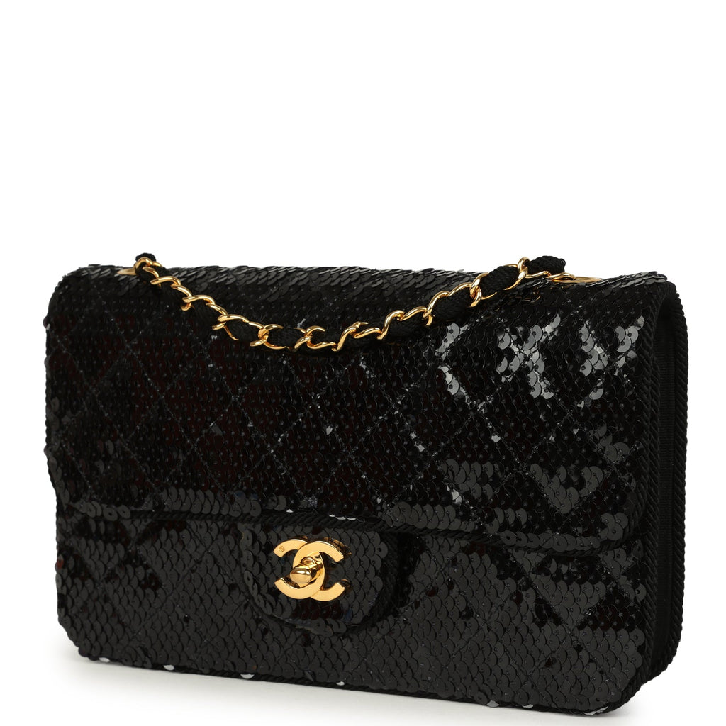 Vintage Small Flap Bag Black Sequin Gold Hardware