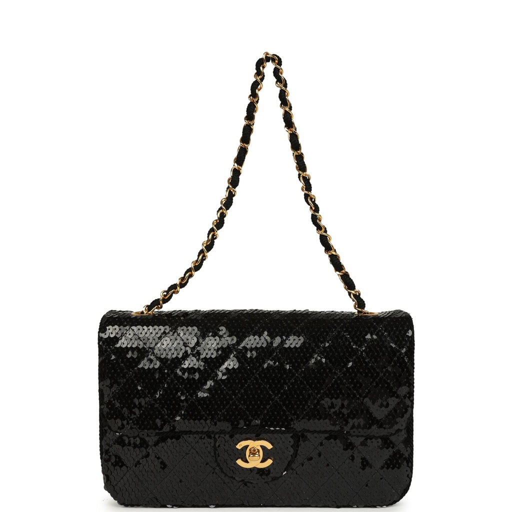 Vintage Small Flap Bag Black Sequin Gold Hardware