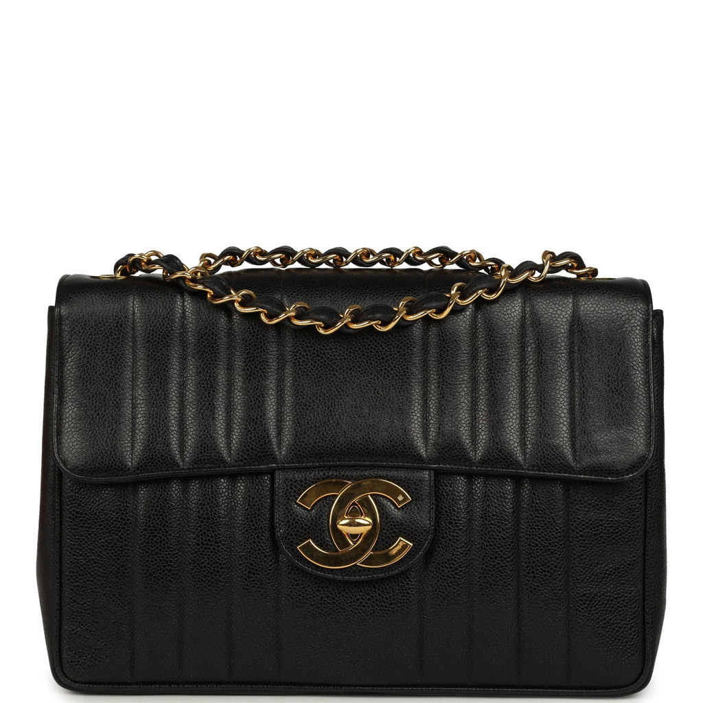 Vintage Jumbo Classic Mademoiselle Vertical Flap Black Caviar Gold Hardware