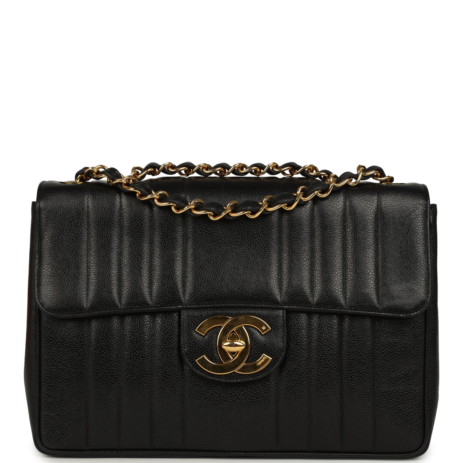 Vintage Jumbo Classic Mademoiselle Vertical Flap Black Caviar Gold Hardware
