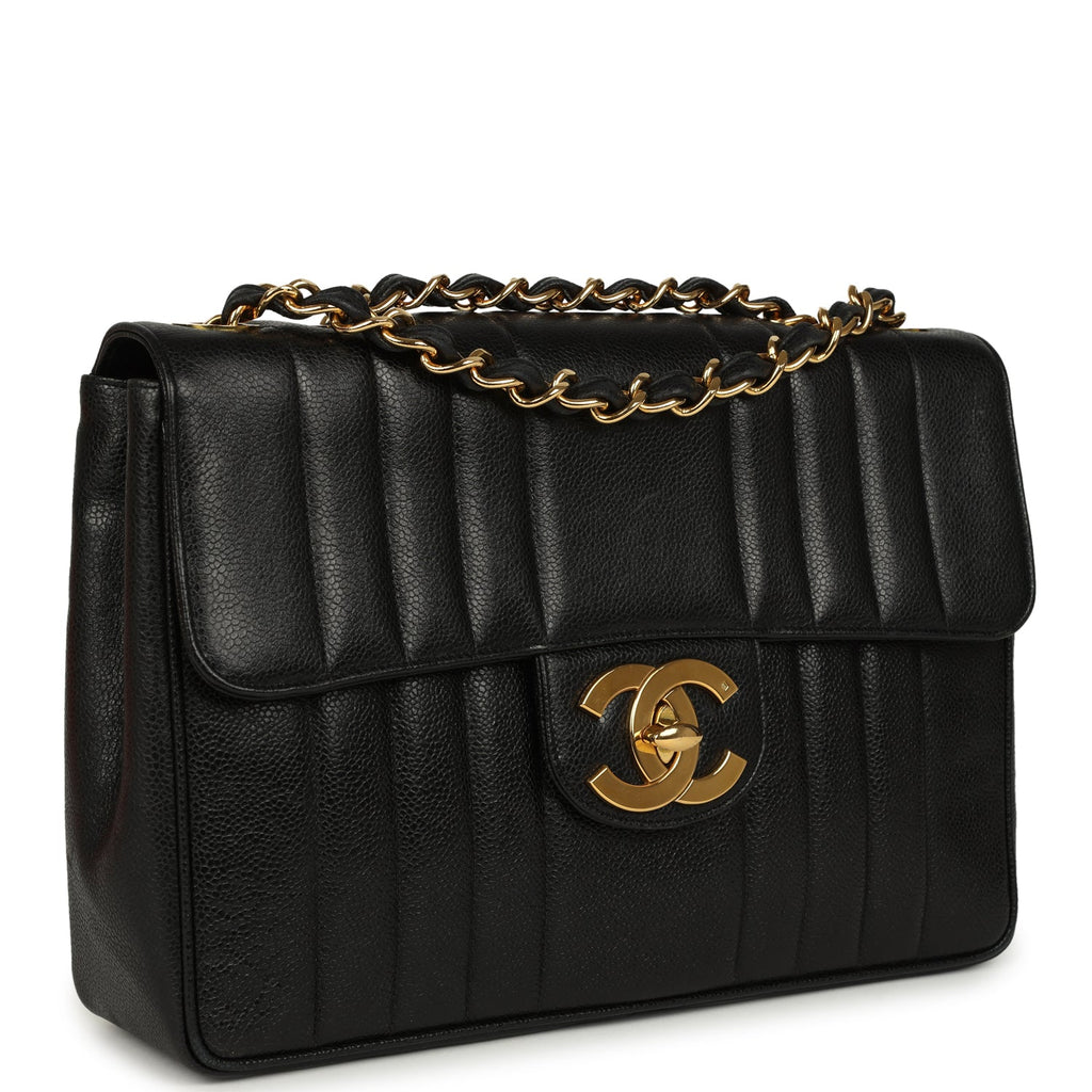 Vintage Jumbo Classic Mademoiselle Vertical Flap Black Caviar Gold Hardware