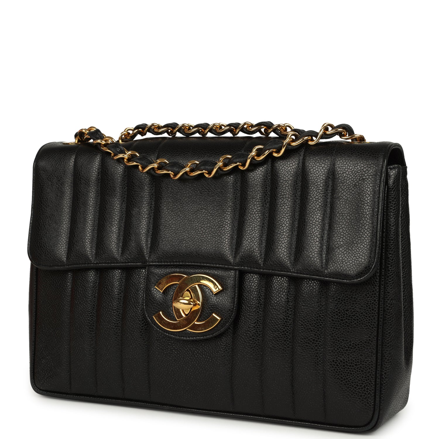 Vintage Jumbo Classic Mademoiselle Vertical Flap Black Caviar Gold Hardware