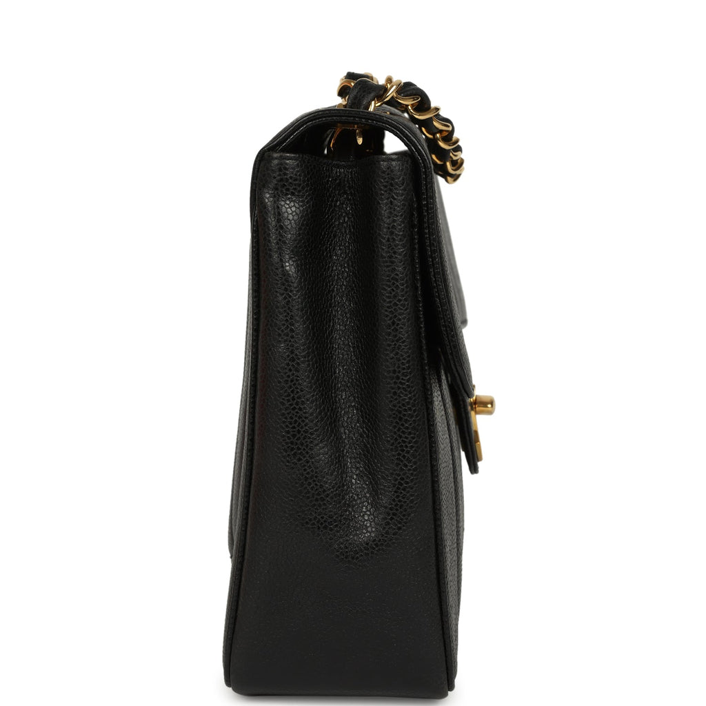 Vintage Jumbo Classic Mademoiselle Vertical Flap Black Caviar Gold Hardware