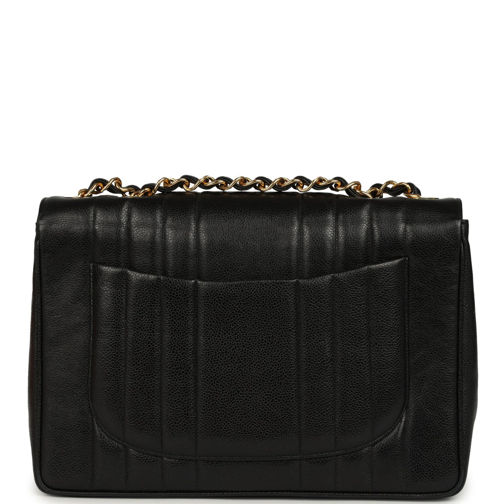 Vintage Jumbo Classic Mademoiselle Vertical Flap Black Caviar Gold Hardware