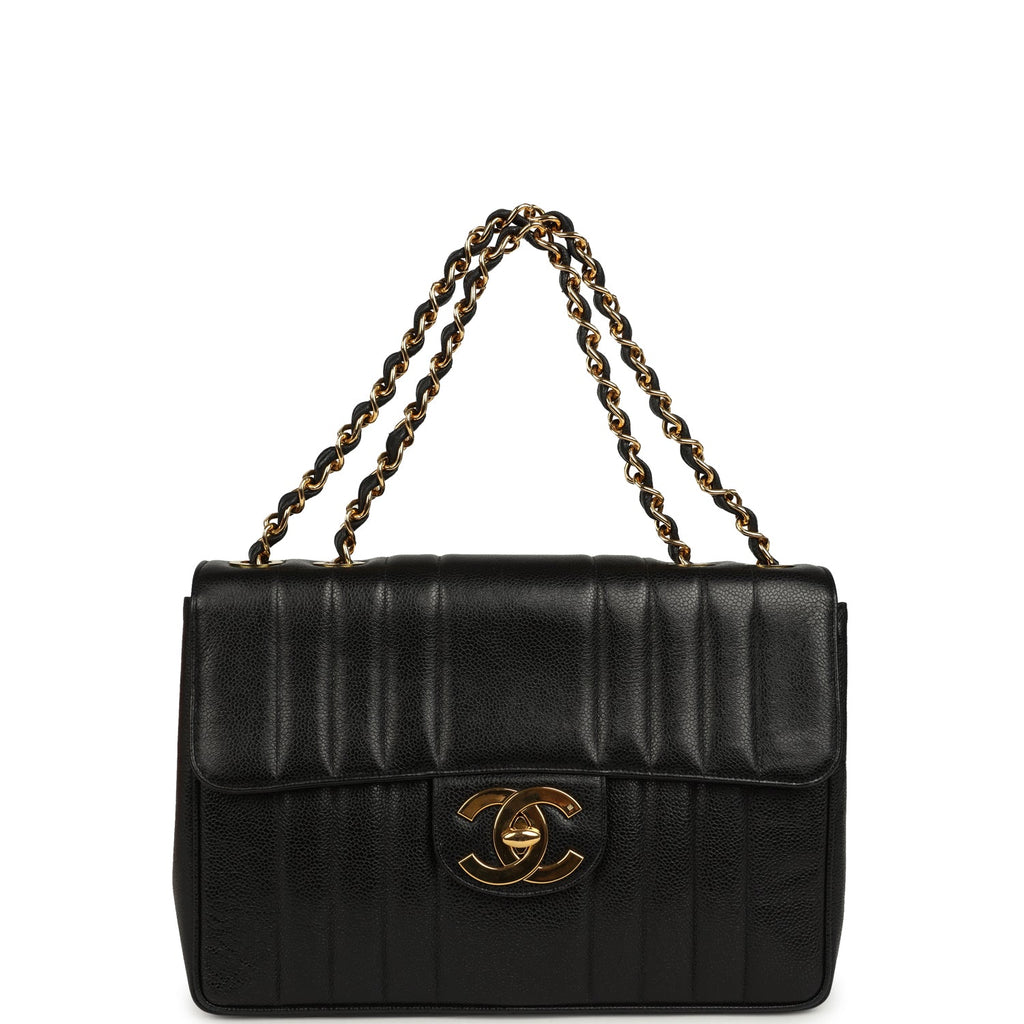 Vintage Jumbo Classic Mademoiselle Vertical Flap Black Caviar Gold Hardware