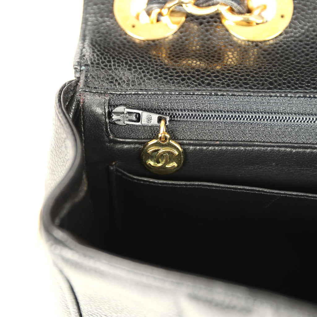 Vintage Jumbo Classic Mademoiselle Vertical Flap Black Caviar Gold Hardware
