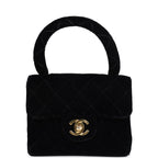 Vintage Micro Kelly Child Flap Bag Black Velvet Gold Hardware