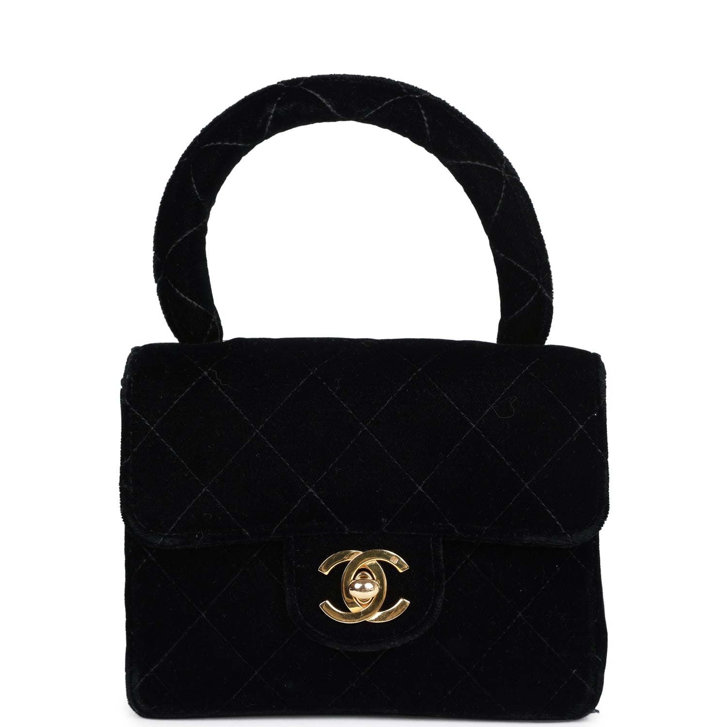 Vintage Micro Kelly Child Flap Bag Black Velvet Gold Hardware