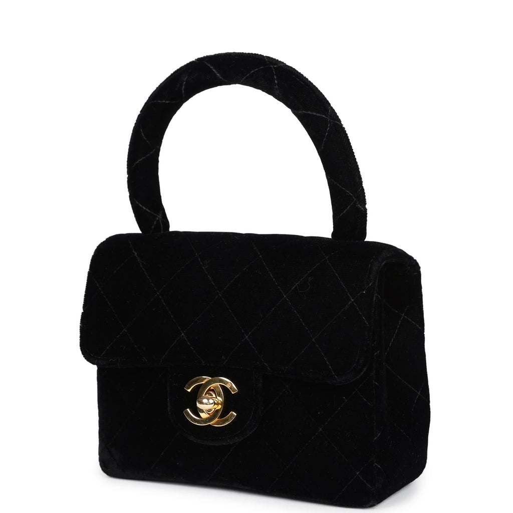 Vintage Micro Kelly Child Flap Bag Black Velvet Gold Hardware