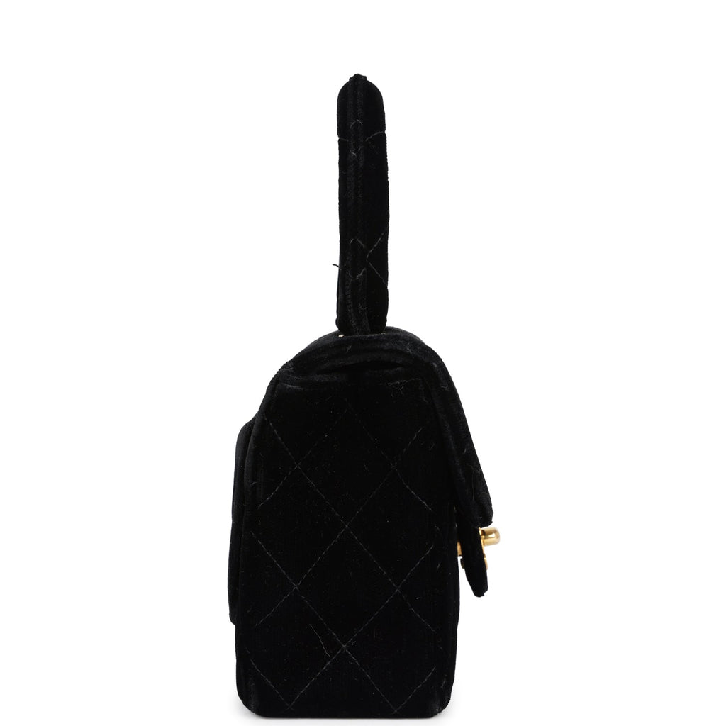 Vintage Micro Kelly Child Flap Bag Black Velvet Gold Hardware