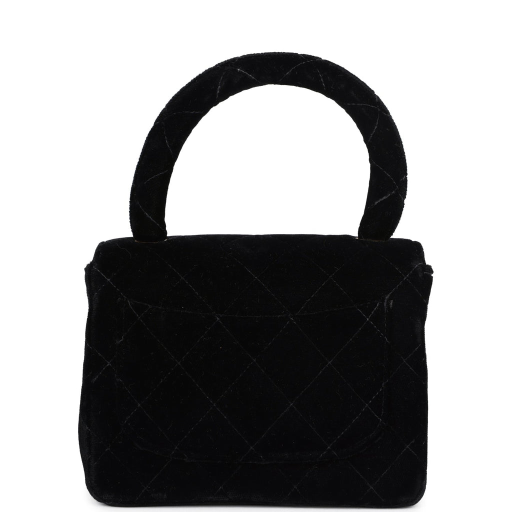 Vintage Micro Kelly Child Flap Bag Black Velvet Gold Hardware