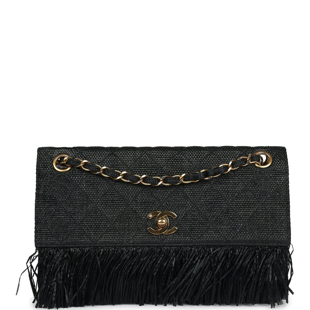 Vintage Quilted Fringe Single Flap Bag Black Raffia Gold Hardware