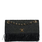 Vintage Quilted Fringe Single Flap Bag Black Raffia Gold Hardware