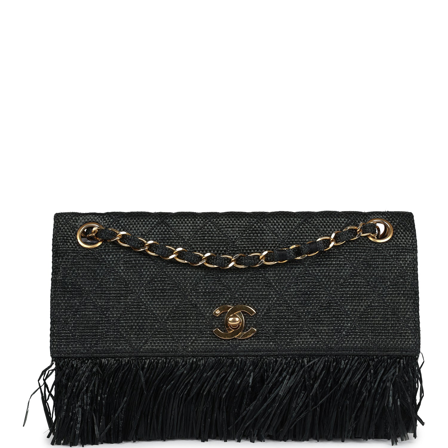 Vintage Quilted Fringe Single Flap Bag Black Raffia Gold Hardware