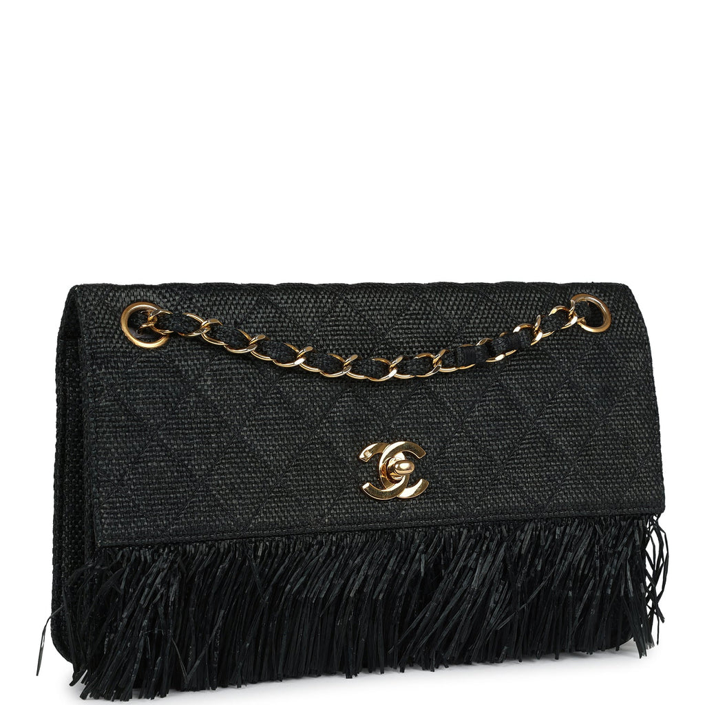 Vintage Quilted Fringe Single Flap Bag Black Raffia Gold Hardware