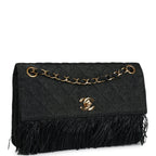Vintage Quilted Fringe Single Flap Bag Black Raffia Gold Hardware
