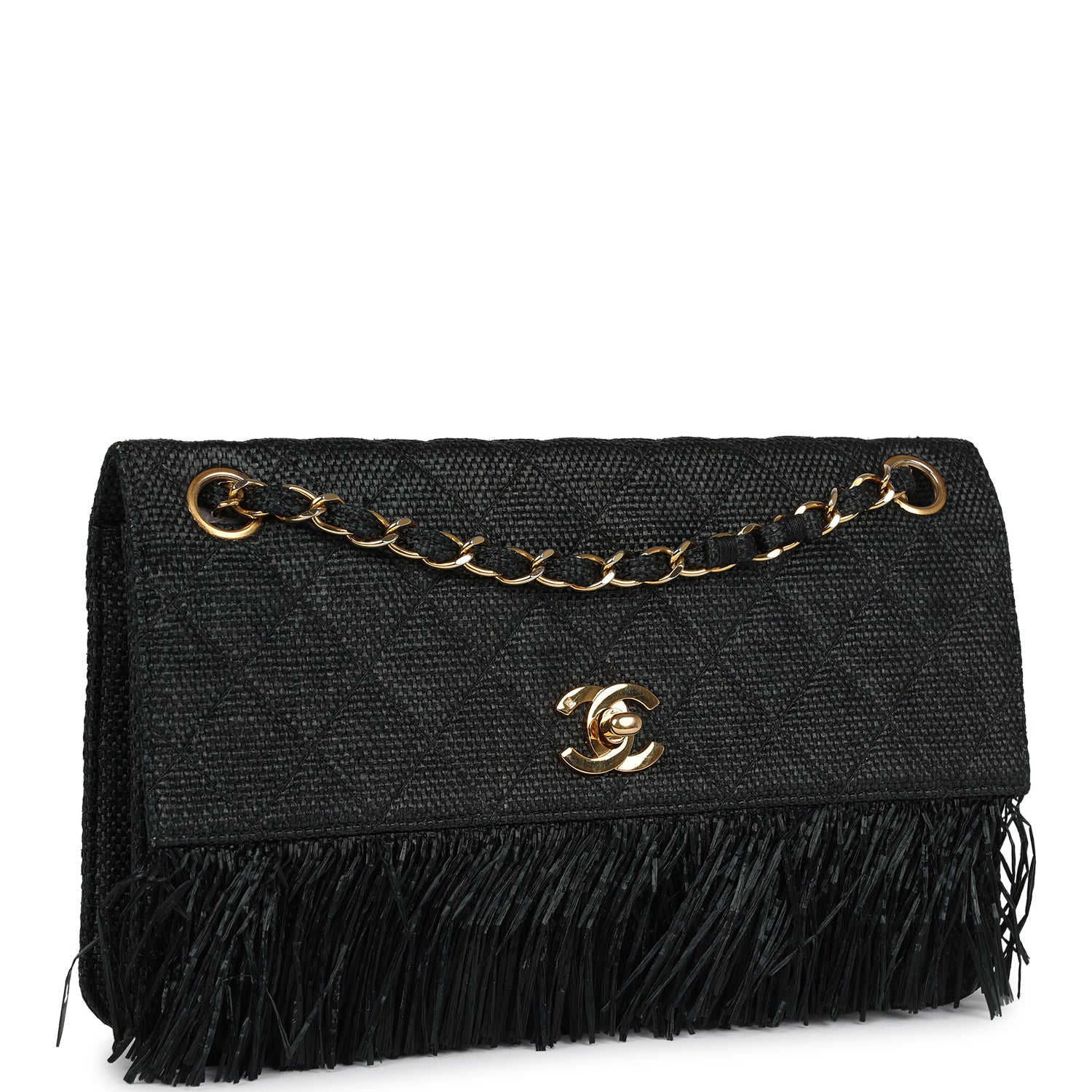 Vintage Quilted Fringe Single Flap Bag Black Raffia Gold Hardware