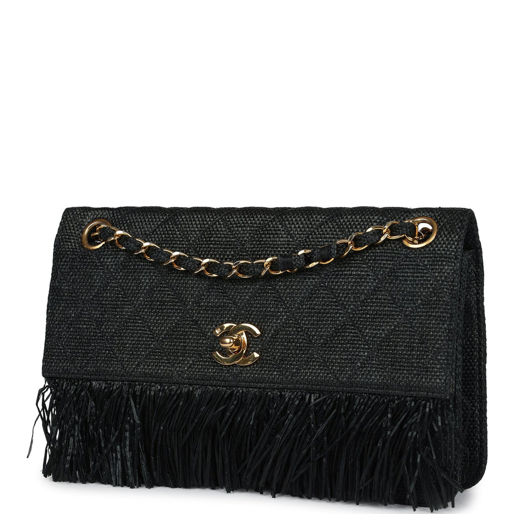 Vintage Quilted Fringe Single Flap Bag Black Raffia Gold Hardware