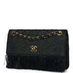 Vintage Quilted Fringe Single Flap Bag Black Raffia Gold Hardware