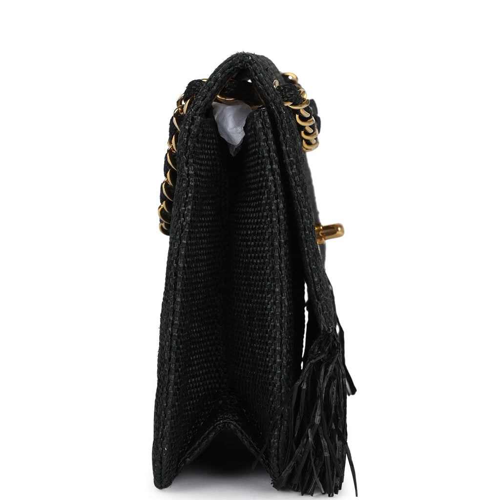 Vintage Quilted Fringe Single Flap Bag Black Raffia Gold Hardware