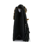 Vintage Quilted Fringe Single Flap Bag Black Raffia Gold Hardware