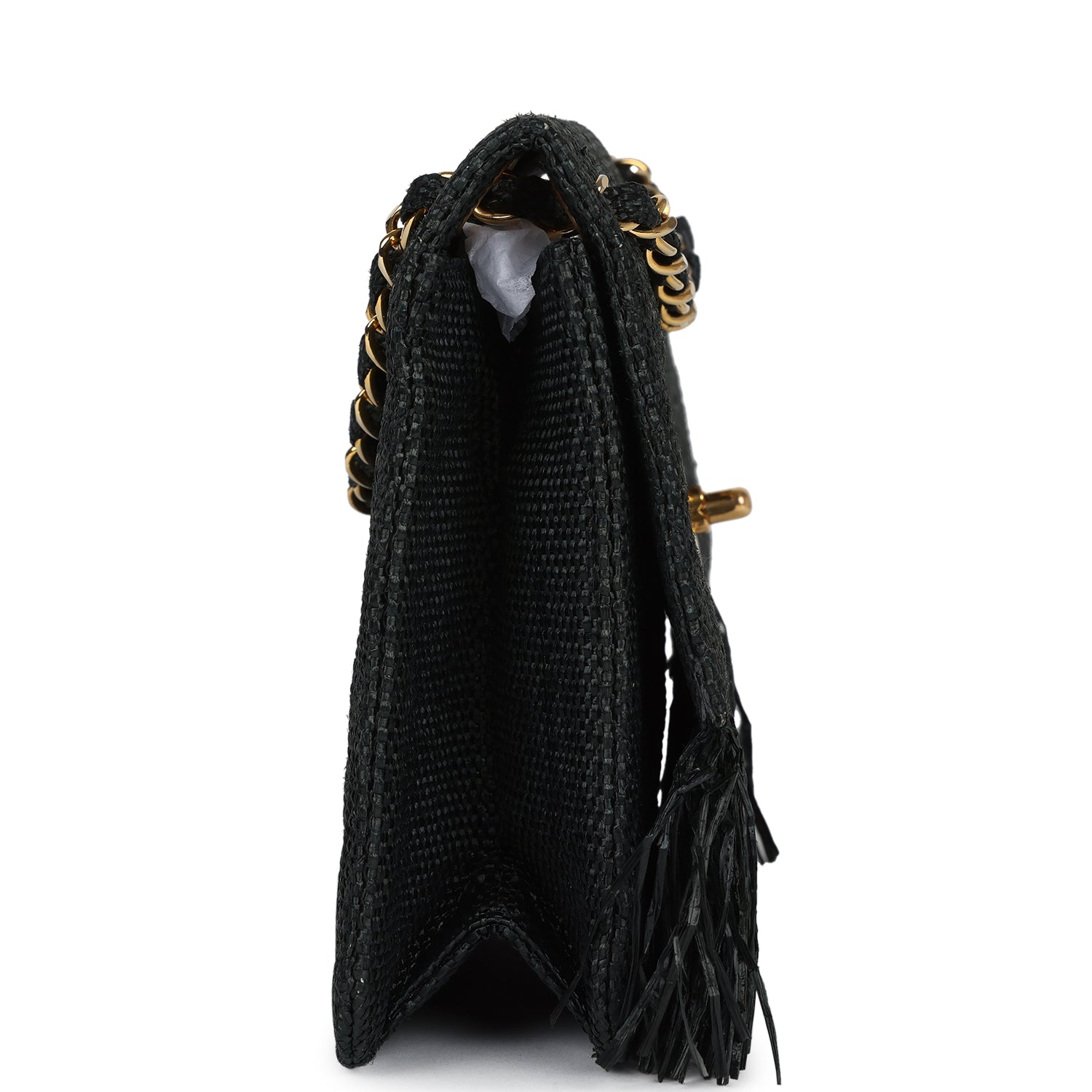 Vintage Quilted Fringe Single Flap Bag Black Raffia Gold Hardware