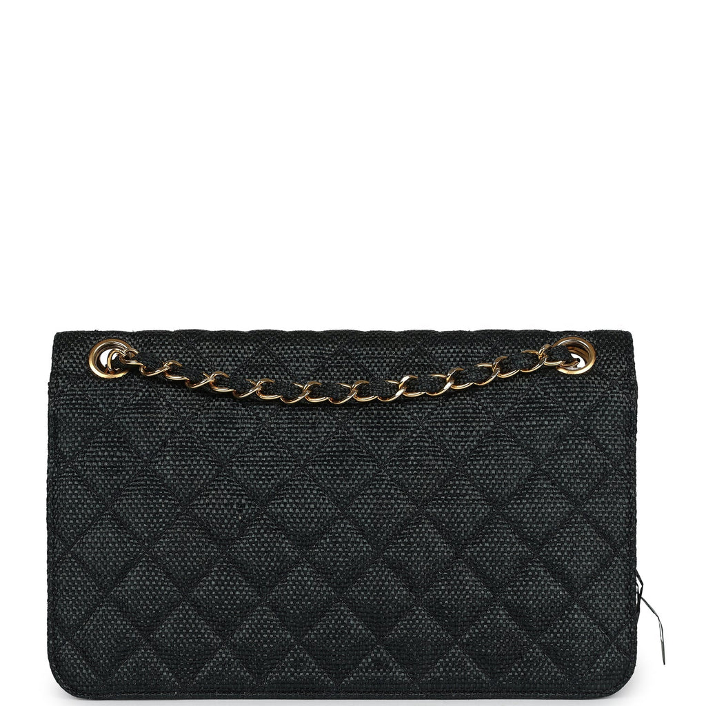 Vintage Quilted Fringe Single Flap Bag Black Raffia Gold Hardware
