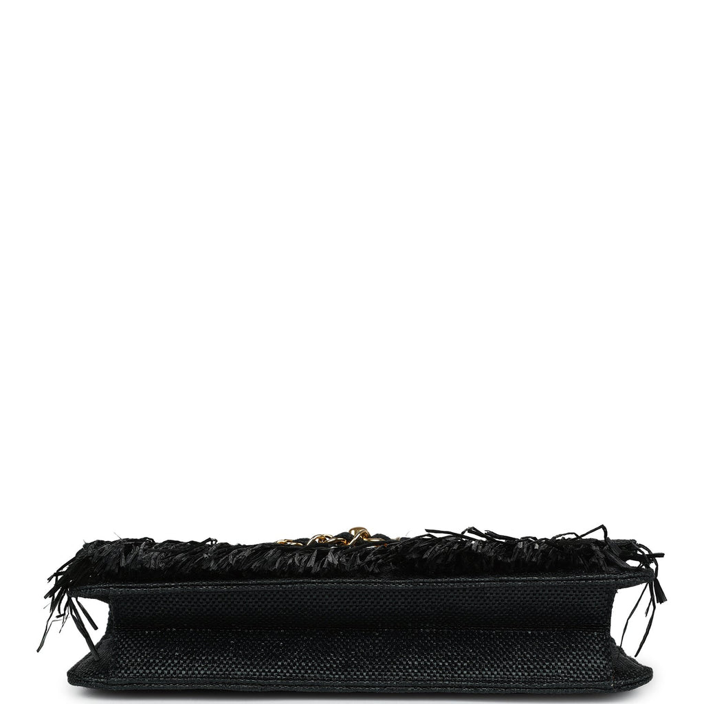 Vintage Quilted Fringe Single Flap Bag Black Raffia Gold Hardware