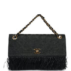 Vintage Quilted Fringe Single Flap Bag Black Raffia Gold Hardware