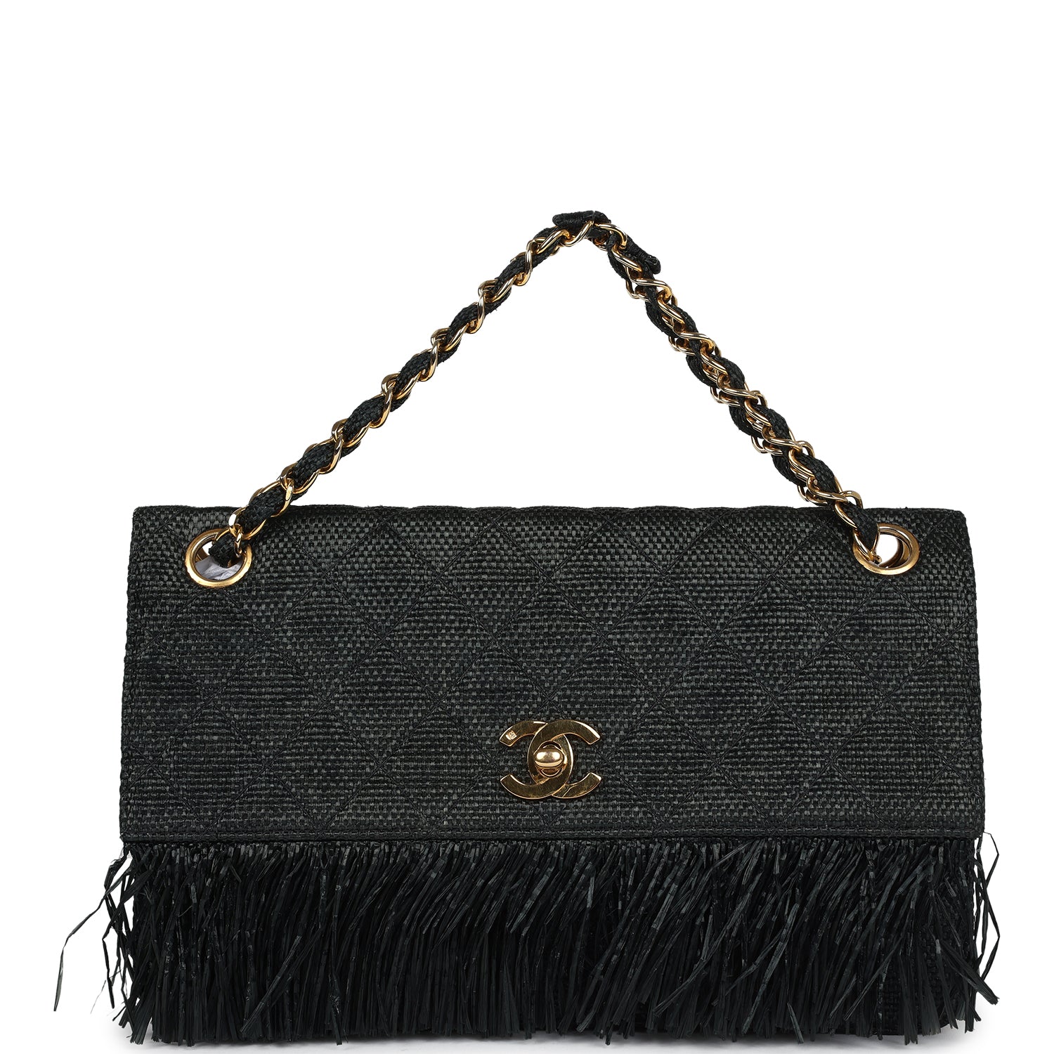 Vintage Quilted Fringe Single Flap Bag Black Raffia Gold Hardware