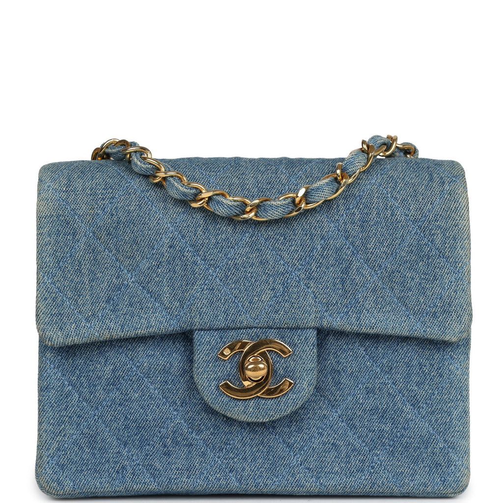 Vintage Mini Square Flap Bag Blue Denim Gold Hardware