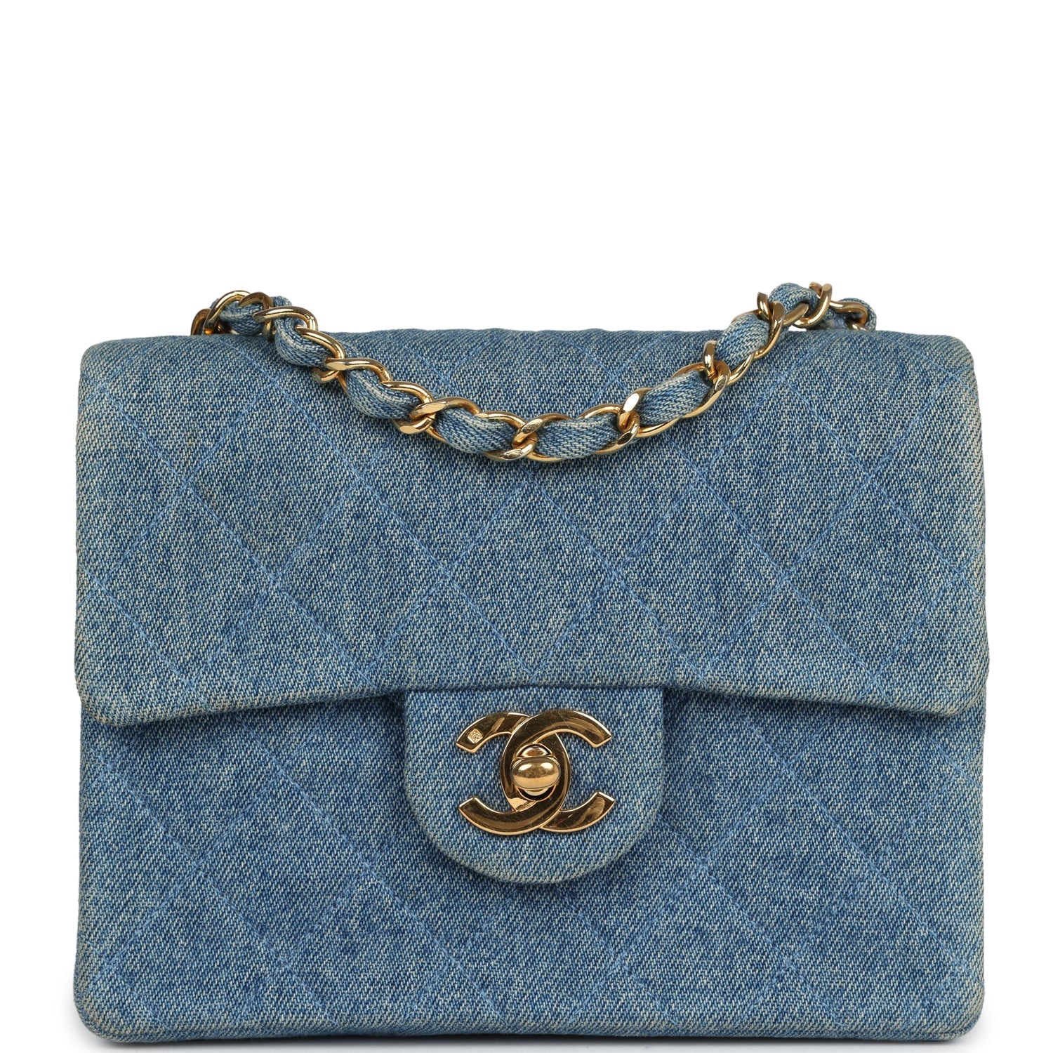Vintage Mini Square Flap Bag Blue Denim Gold Hardware