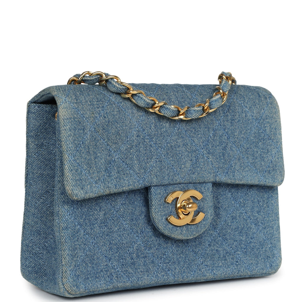 Vintage Mini Square Flap Bag Blue Denim Gold Hardware