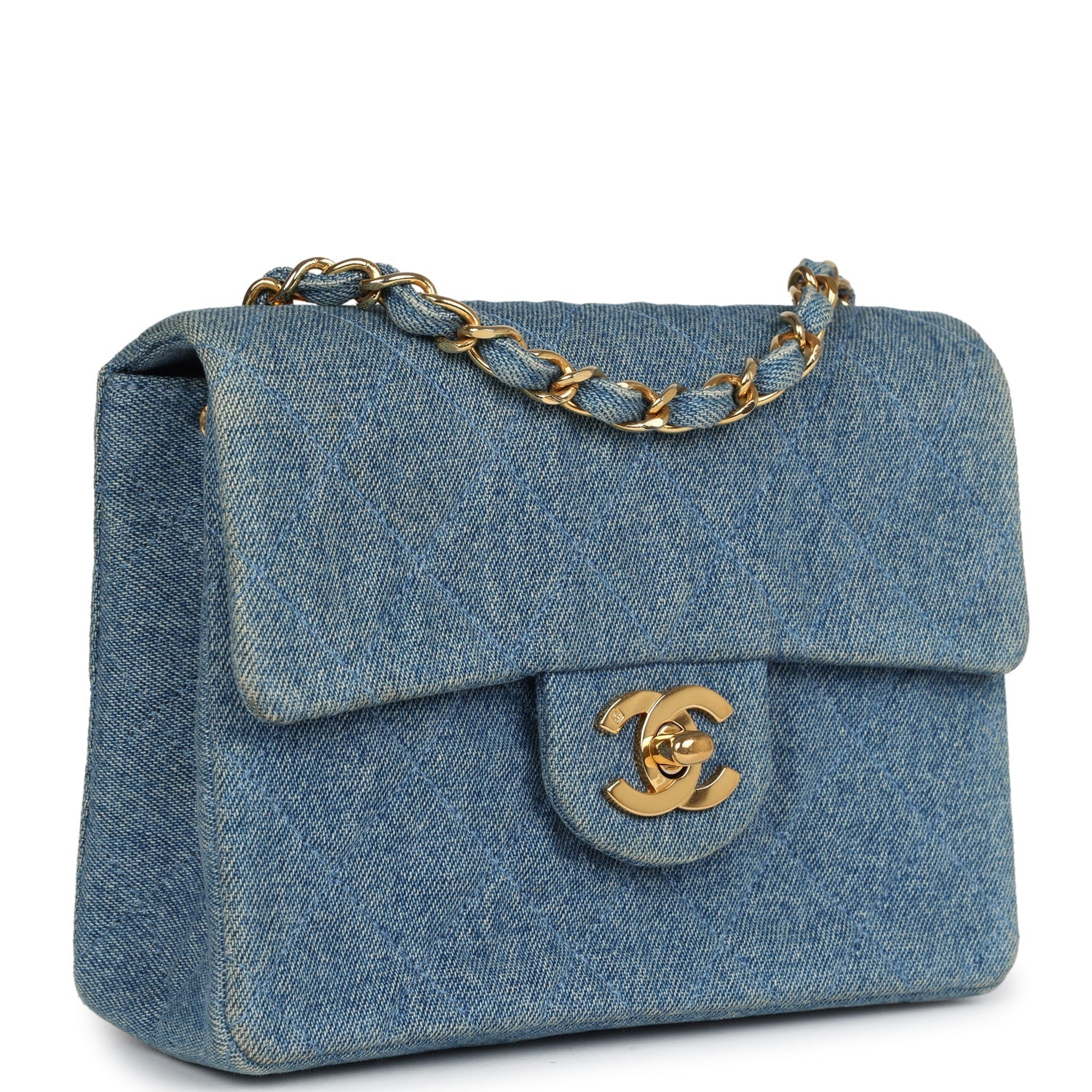 Vintage Mini Square Flap Bag Blue Denim Gold Hardware