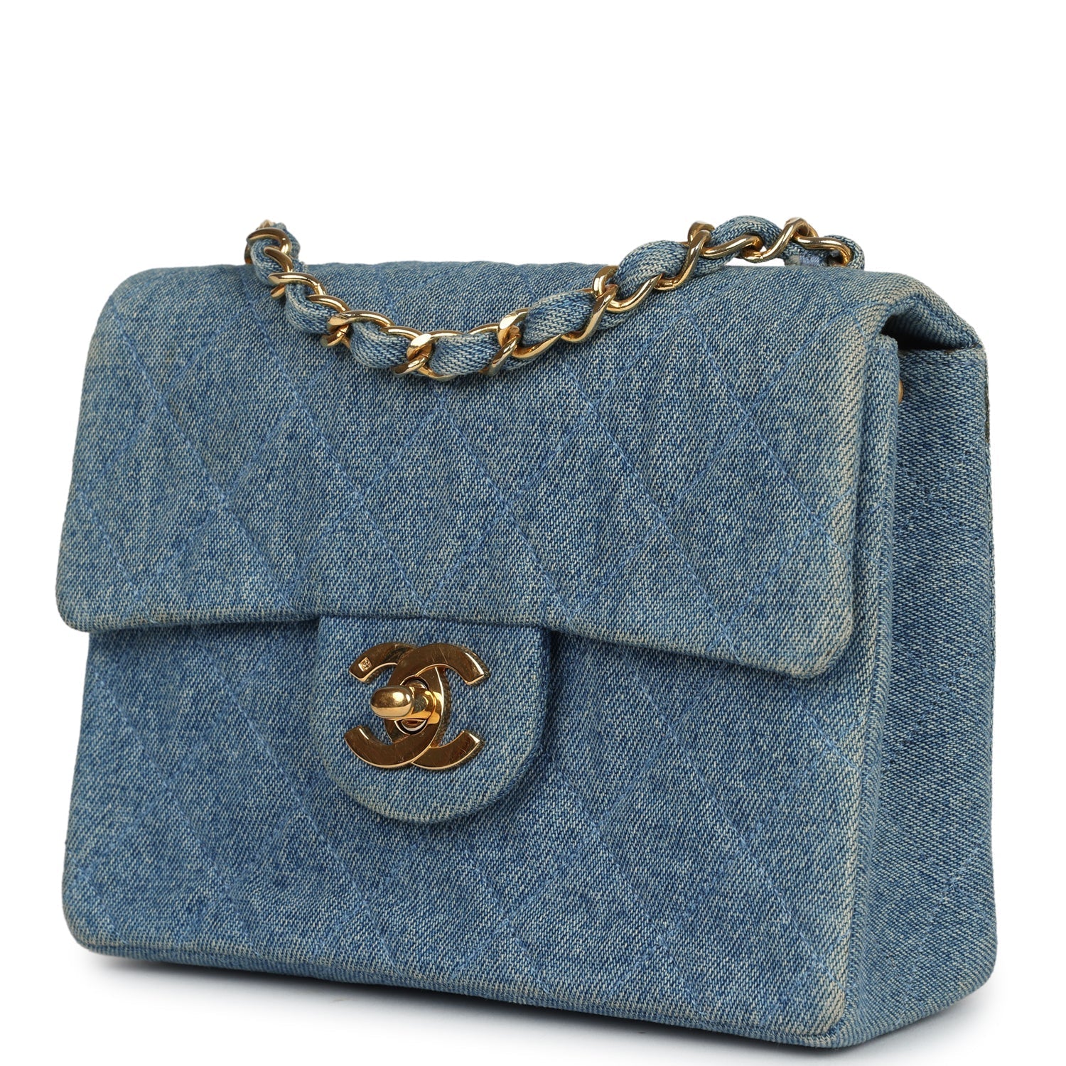 Vintage Mini Square Flap Bag Blue Denim Gold Hardware