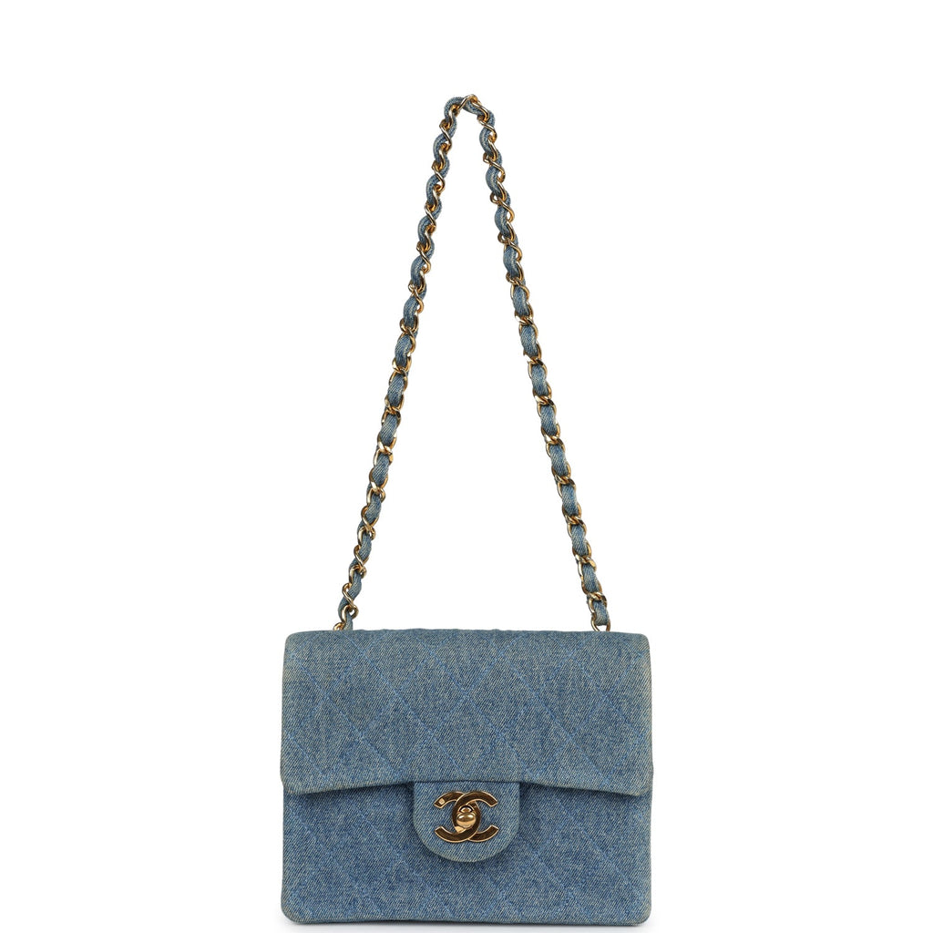 Vintage Mini Square Flap Bag Blue Denim Gold Hardware