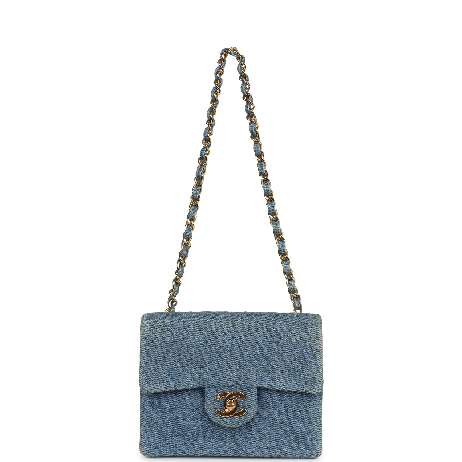 Vintage Mini Square Flap Bag Blue Denim Gold Hardware