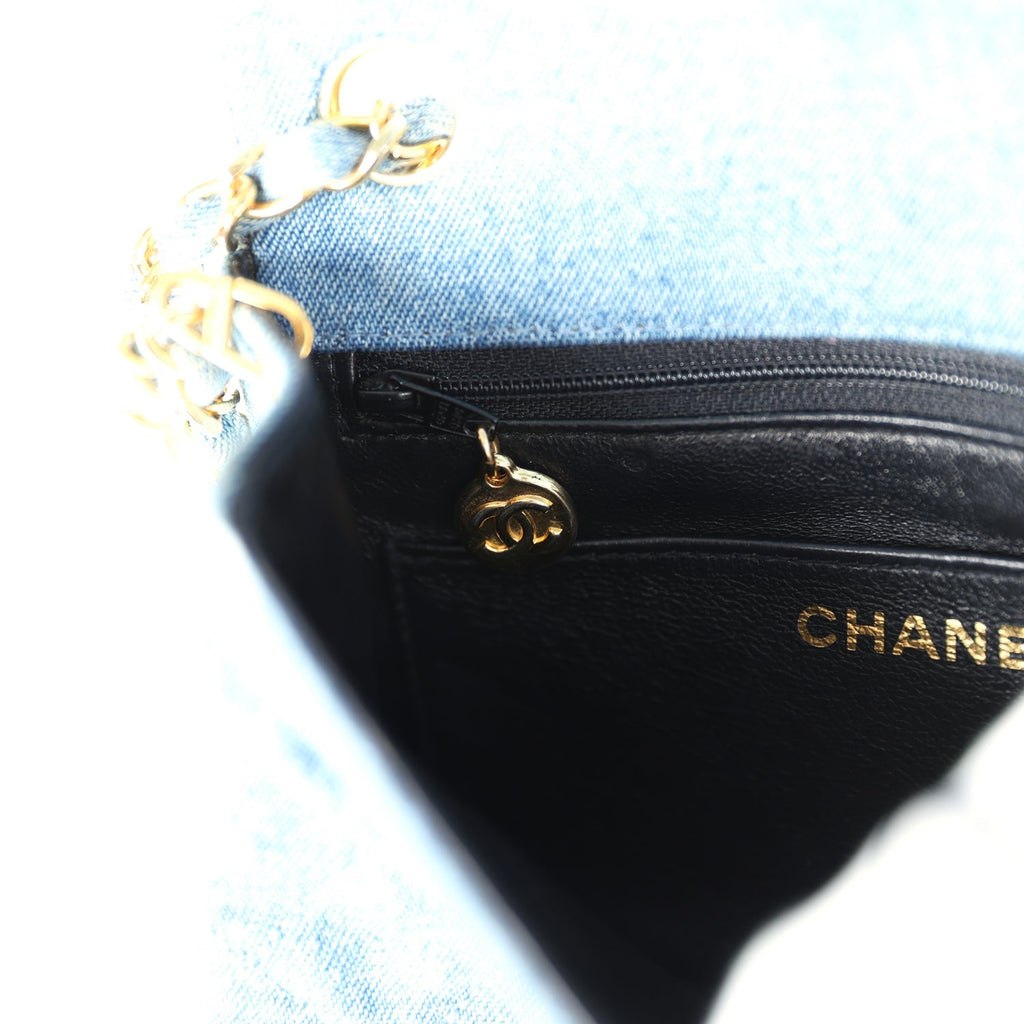 Vintage Mini Square Flap Bag Blue Denim Gold Hardware