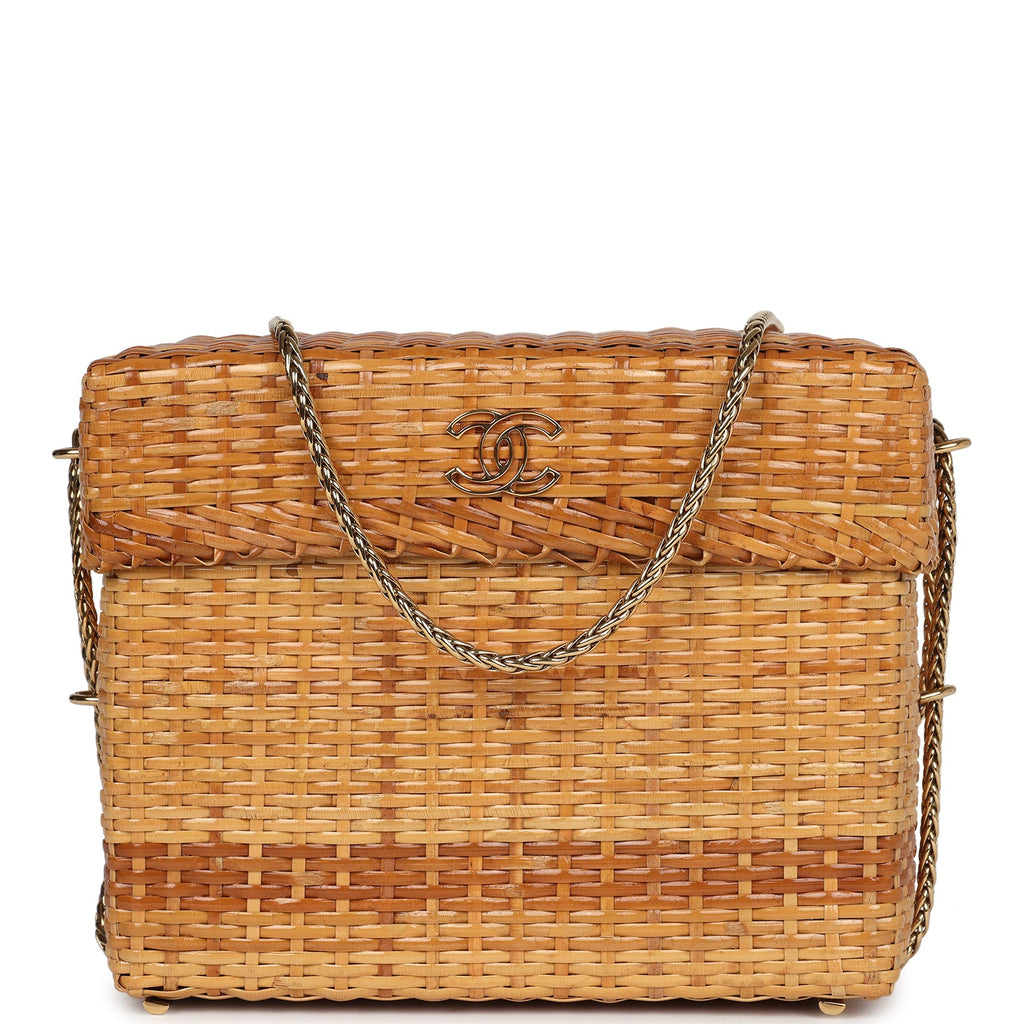 Vintage Small Picnic Basket Bag Natural Wicker Gold Hardware