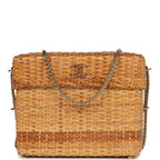 Vintage Small Picnic Basket Bag Natural Wicker Gold Hardware