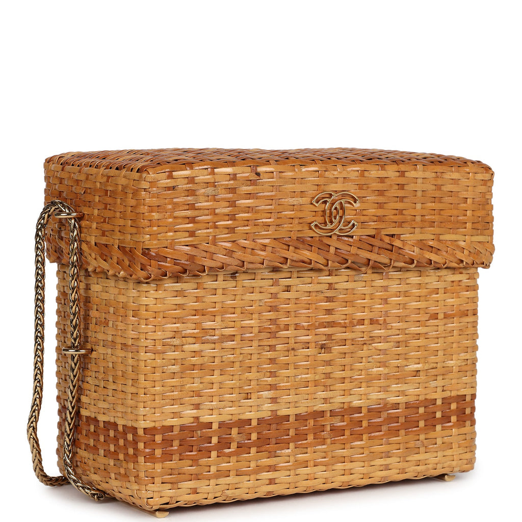Vintage Small Picnic Basket Bag Natural Wicker Gold Hardware