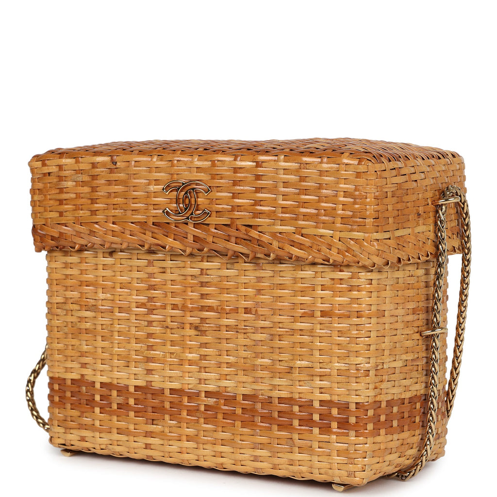 Vintage Small Picnic Basket Bag Natural Wicker Gold Hardware