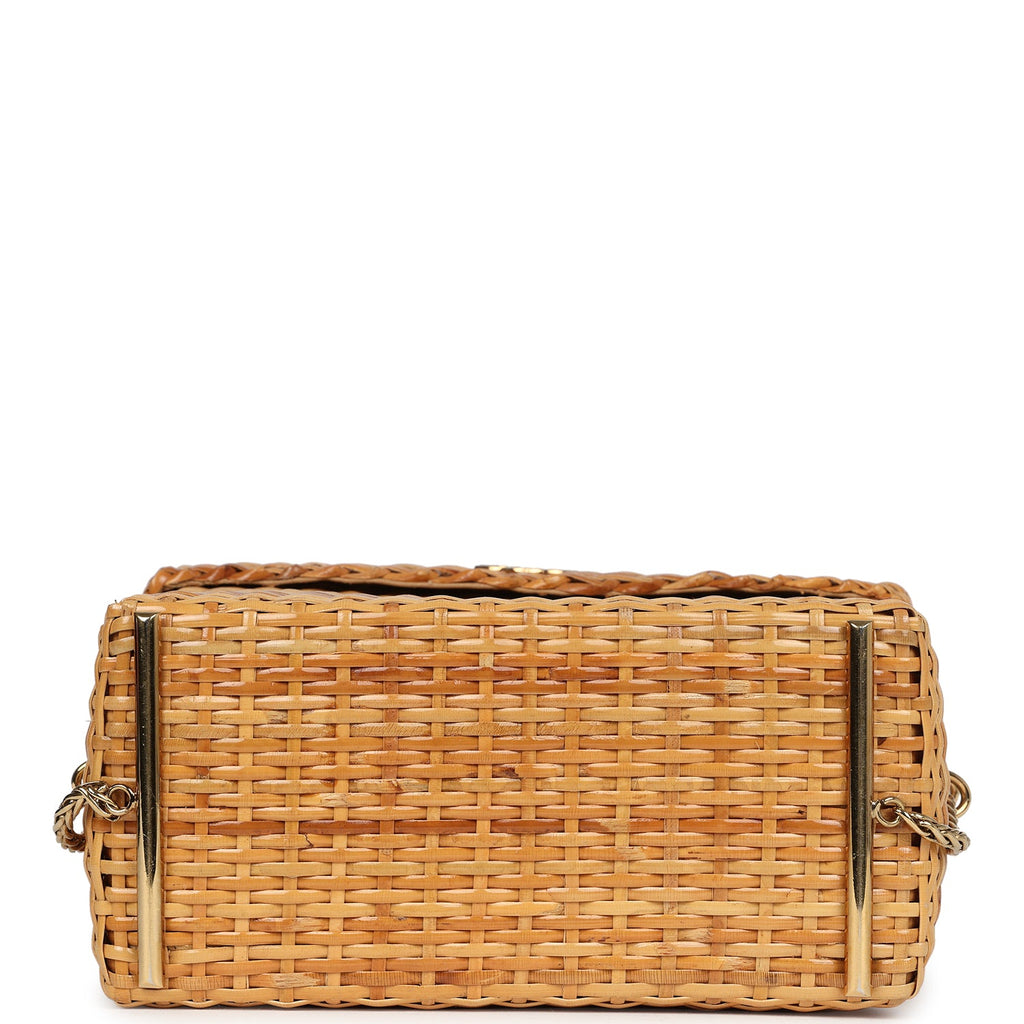 Vintage Small Picnic Basket Bag Natural Wicker Gold Hardware