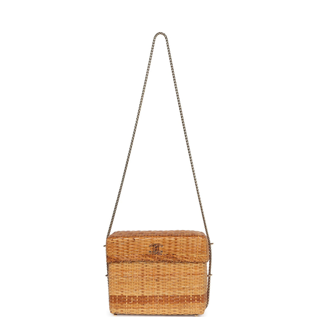 Vintage Small Picnic Basket Bag Natural Wicker Gold Hardware
